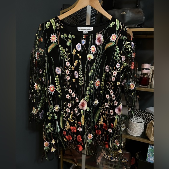 Caroline Rose Garden Walk Embroidered Tunic Sheer 3/4 Sleeves Floral Black Multi - Picture 5 of 10